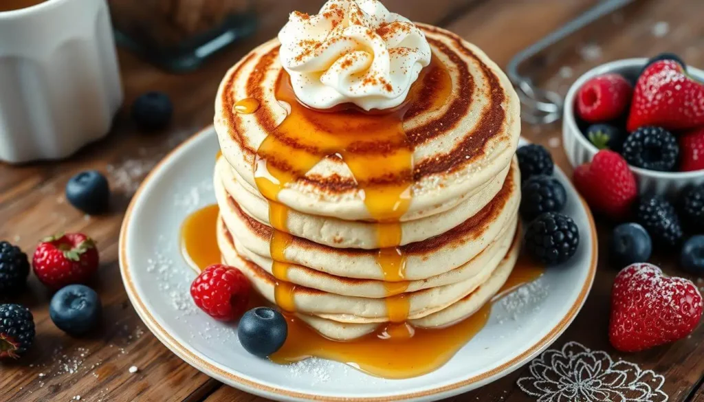 Golden cinnamon swirl pancakes with intricate swirls and a drizzle of syrup on top.