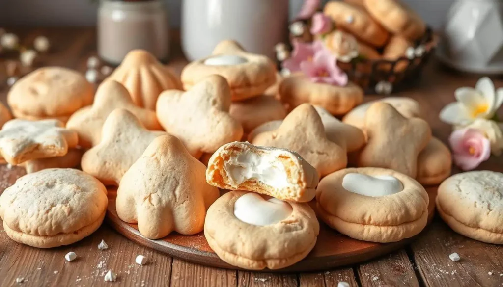 A close-up of marshmallow cookies with golden edges and gooey marshmallow centers, surrounded by chocolate chips and baking tools on a rustic table.