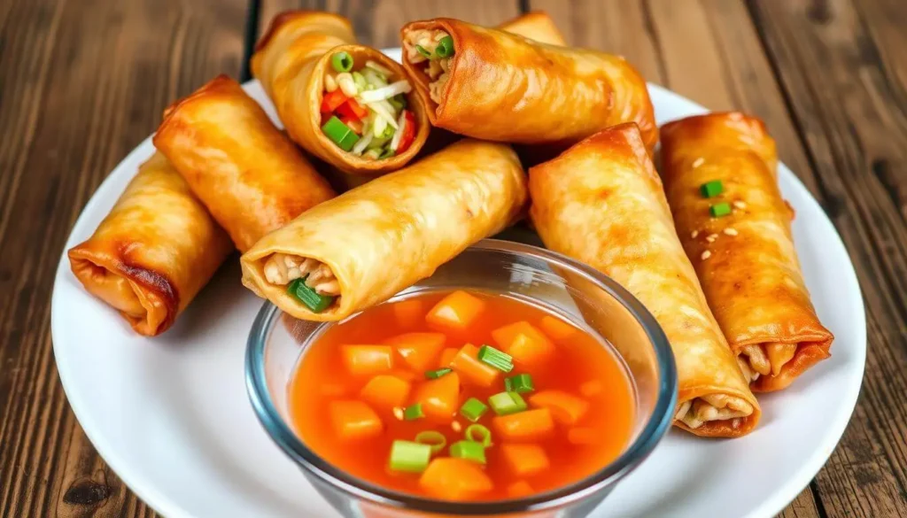 A plate of perfectly crispy veggie egg rolls, golden-brown and freshly fried, served with a side of soy sauce and garnished with green onions.