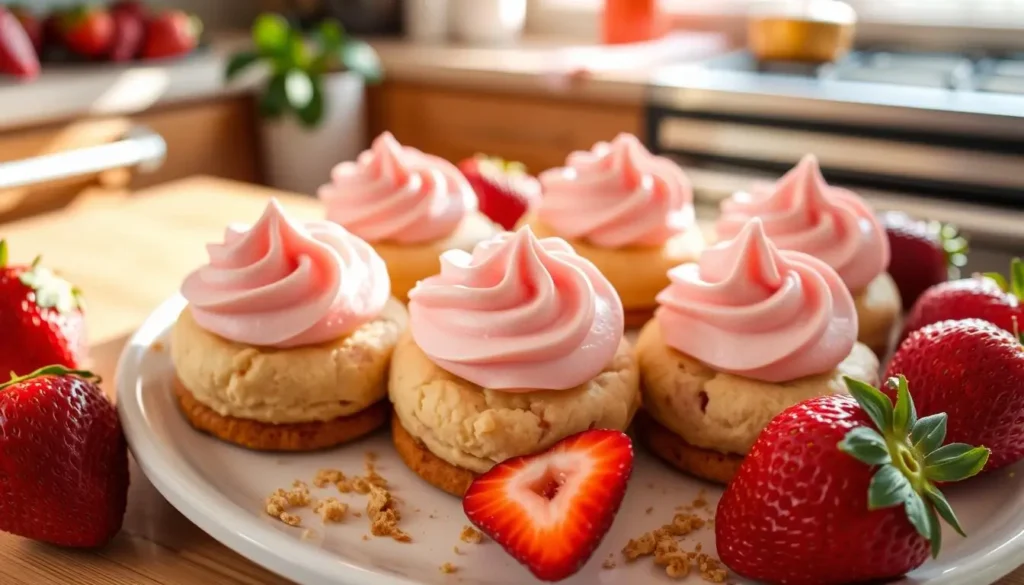 Whimsical process of making strawberry cheesecake cookies, with ingredients like fresh strawberries, cream cheese, and cookie dough floating in the air.