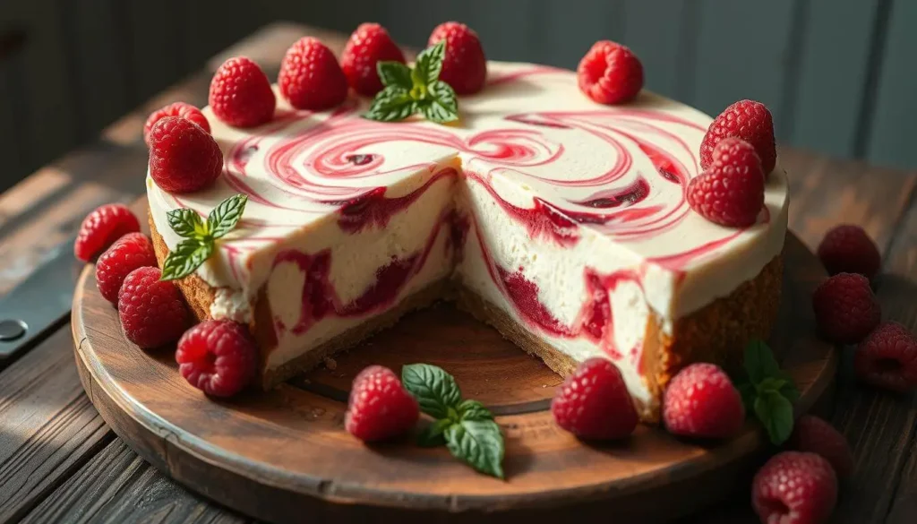 Raspberry swirl cheesecake with creamy texture and vibrant red swirls of raspberry sauce.