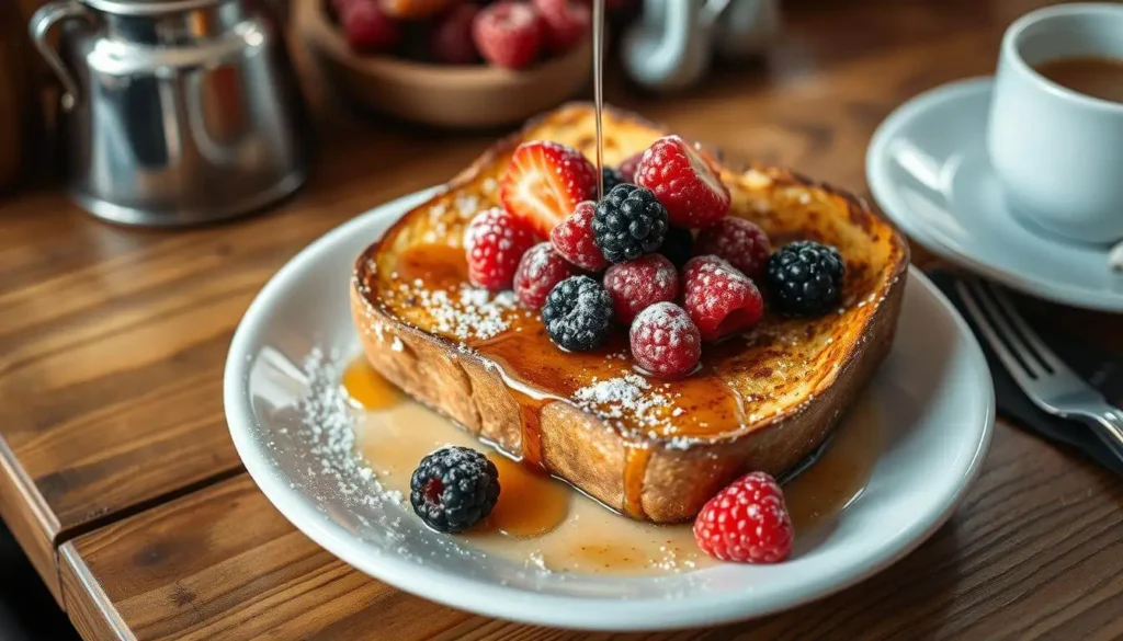 Golden sourdough French toast drizzled with maple syrup, dusted with powdered sugar, and topped with fresh mint, served on a rustic wooden table.