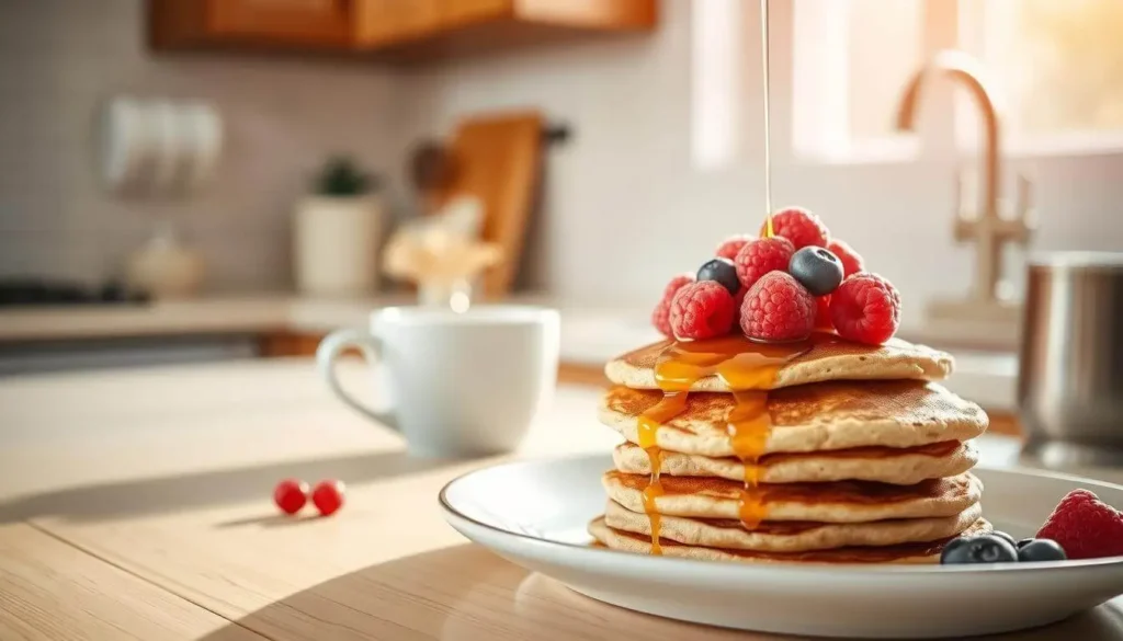 A stack of whole grain protein pancakes topped with fresh fruit and a dollop of Greek yogurt, served on a rustic wooden table.