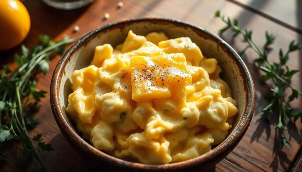 A close-up of fluffy cheesy scrambled eggs topped with melted cheese and fresh chives on a white plate.