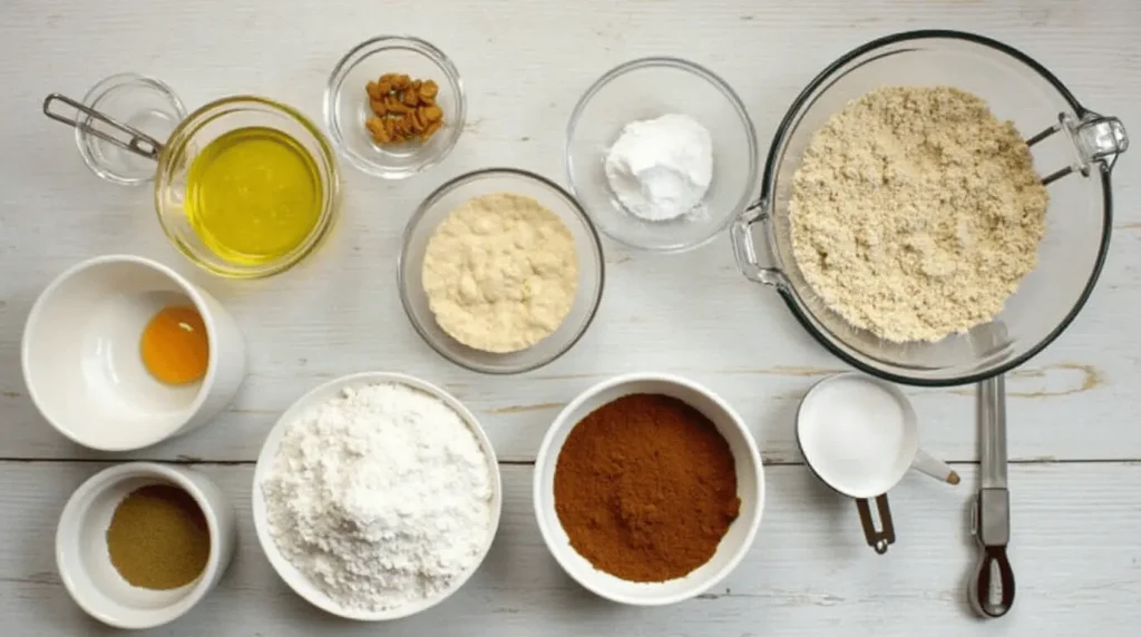 A clean, organized kitchen countertop showcasing seven core ingredients for baked apple fritters, ready for use in the recipe.