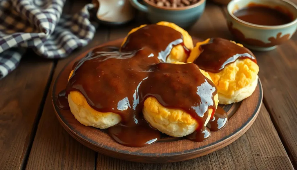 A close-up of soft, flaky biscuits topped with decadent chocolate gravy, showcasing a Southern tradition.