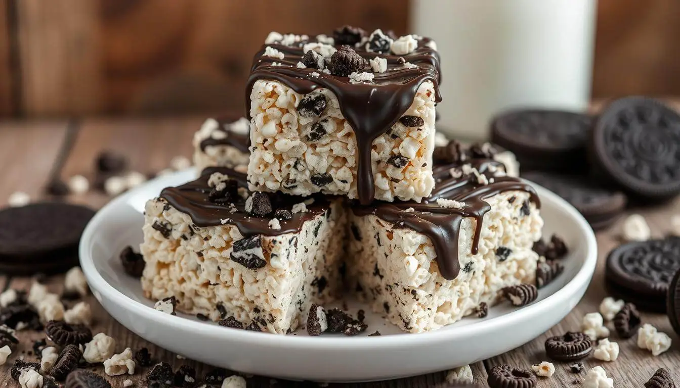 A close-up of gooey Oreo Rice Krispie Treats with crushed Oreos on top, stacked on a white plate.