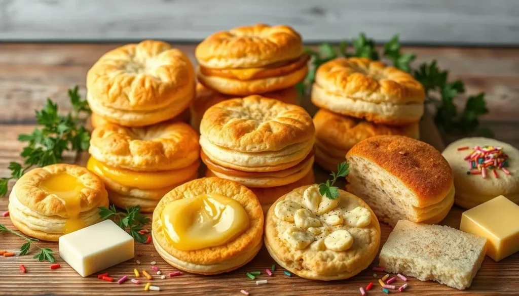 An assortment of Pillsbury biscuit varieties displayed on a rustic wooden table.