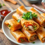 Crispy homemade veggie egg rolls served on a plate with a side of soy sauce, showcasing their golden-brown, crunchy texture.