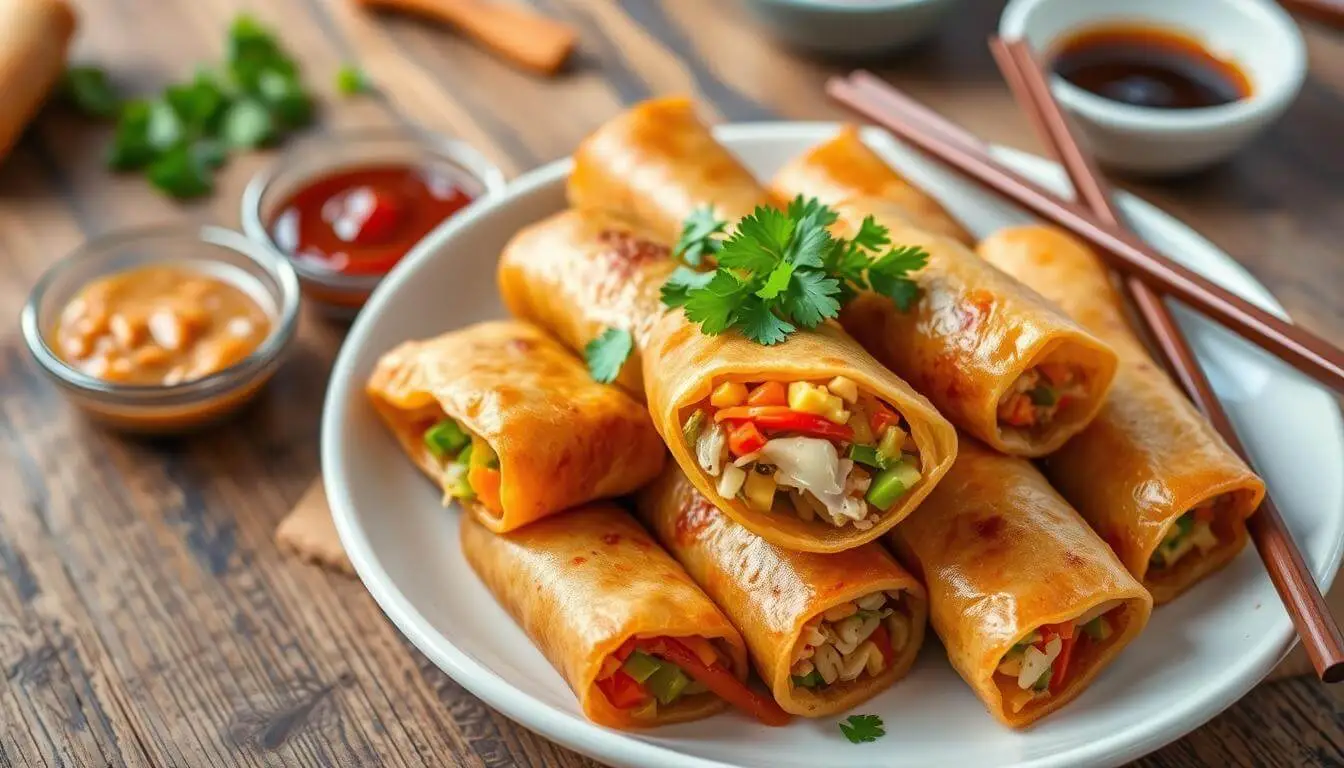 Crispy homemade veggie egg rolls served on a plate with a side of soy sauce, showcasing their golden-brown, crunchy texture.