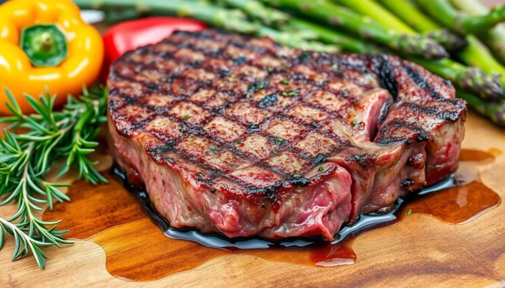 Close-up of a raw Beef Chuck Eye Steak on a cutting board with marbling visible, accompanied by herbs and cooking ingredients.