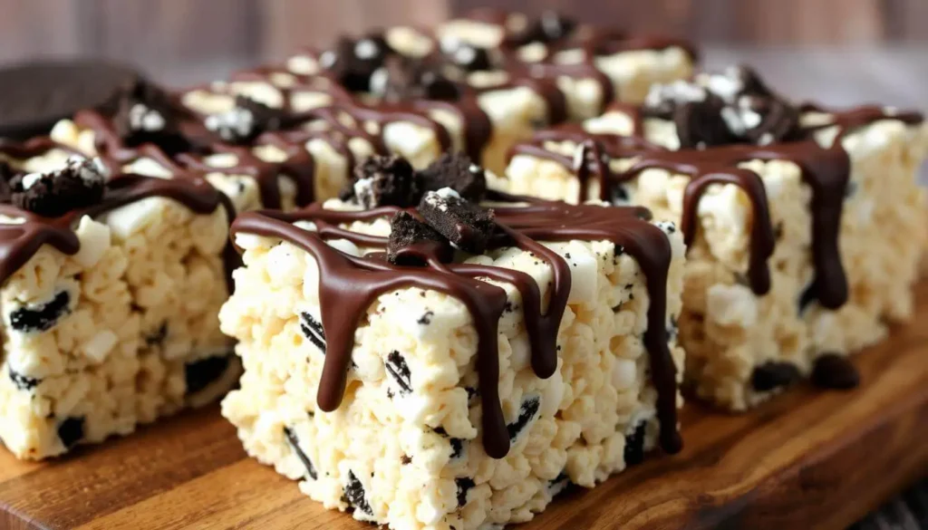 A plate of Oreo Rice Krispie Treats with crushed Oreos sprinkled on top, highlighting their gooey marshmallow texture.