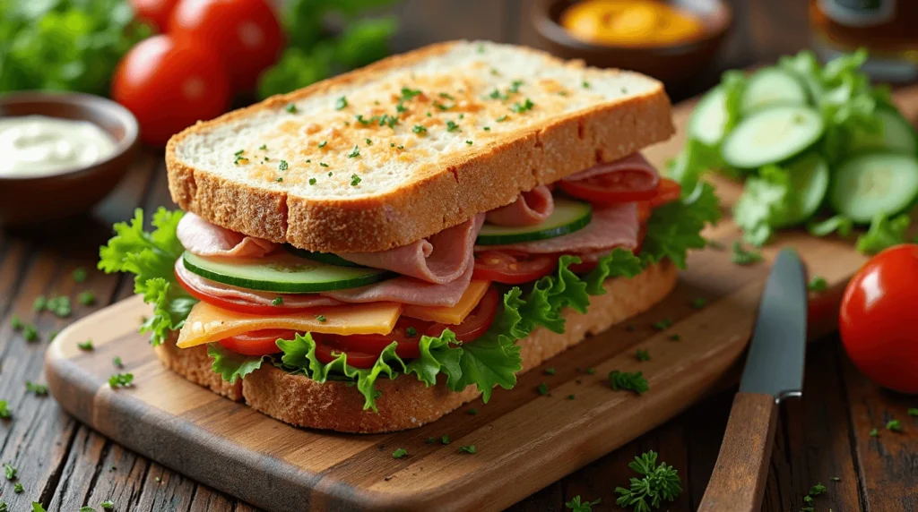 Close-up of a perfectly layered chopped sandwich with deli meats, fresh vegetables, cheese, and condiments on a wooden cutting board.