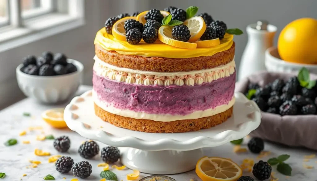 A beautifully decorated lemon blackberry cake with fresh blackberries, lemon slices, and a drizzle of glaze.