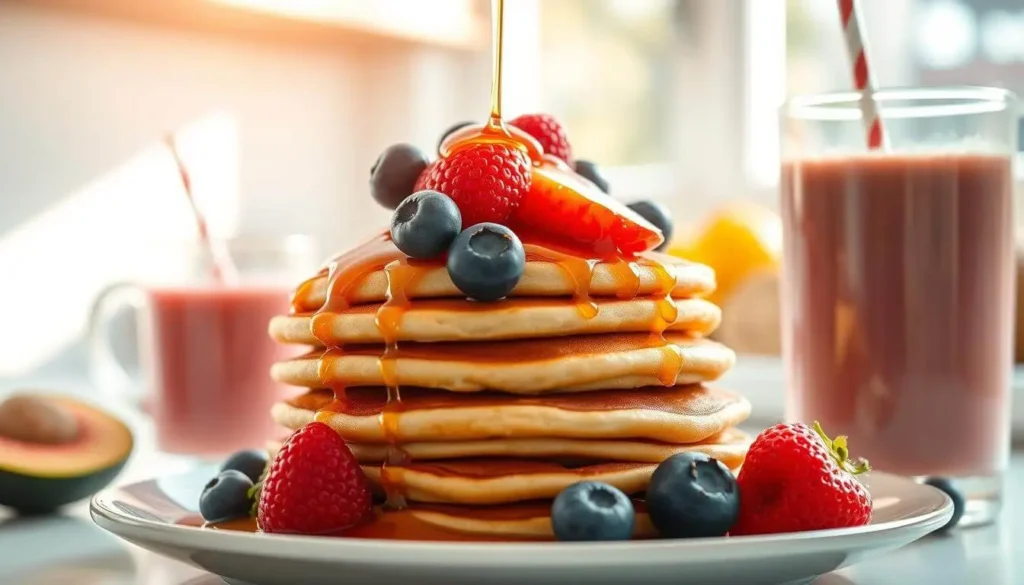 A box of Kodiak pancake mix surrounded by fresh ingredients like oats, whole wheat flour, and honey, highlighting its wholesome components.