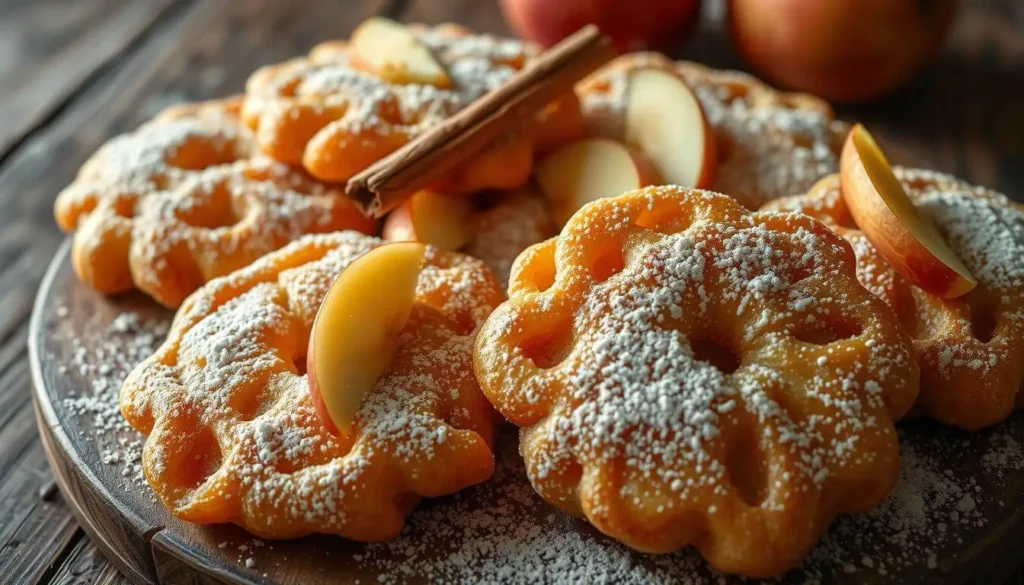 A plate of golden-brown baked apple fritters drizzled with glaze, sitting next to a batch of traditional fried fritters, highlighting their healthier, less oily texture.