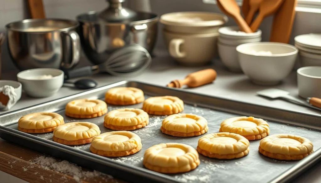 Essential kitchen tools for baking, including a mixing bowl, hand mixer, baking tray, and measuring cups, neatly arranged on a countertop.