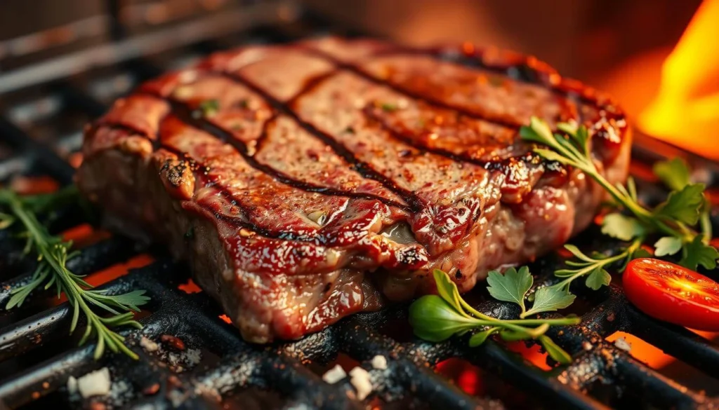 Cooked chuck steak sliced thin, showing its tender texture, served with a side of roasted vegetables.