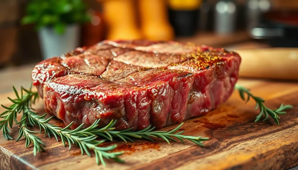 Raw chuck steak seasoned with spices, ready for cooking, displayed on a wooden cutting board with fresh herbs.b