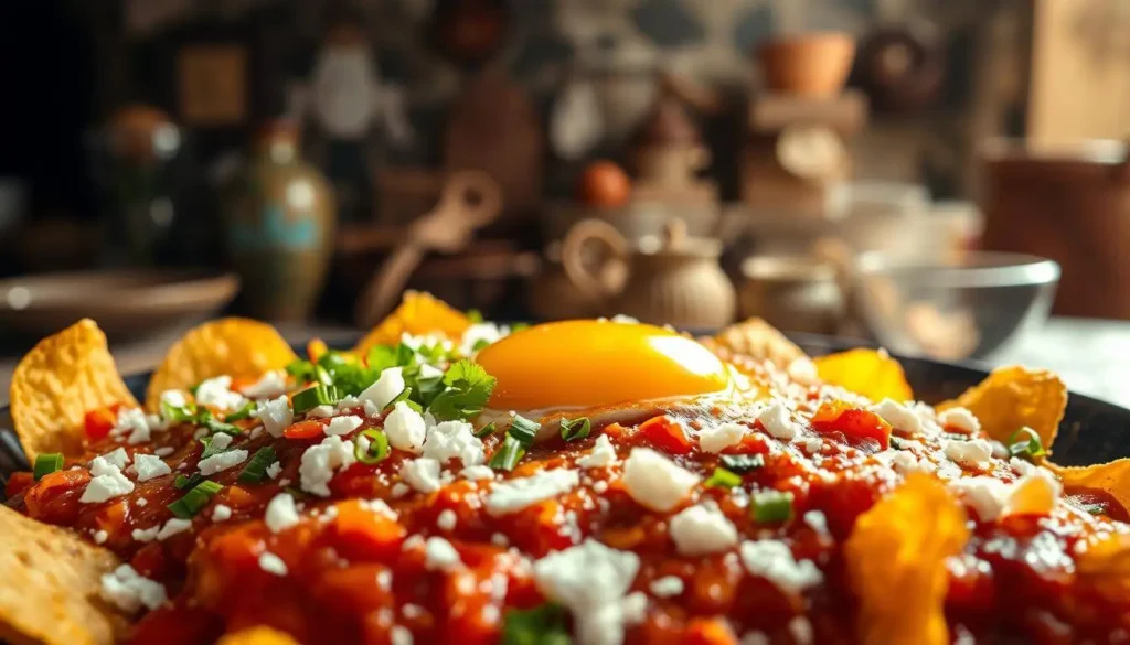 A beautifully plated serving of chilaquiles, featuring crispy tortilla chips bathed in vibrant salsa, topped with a fried egg, avocado, and crumbled cheese—paying homage to the dish’s ancient Mexican roots.