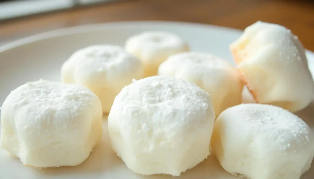 A close-up of golden-brown Besitos de Coco (coconut kisses) with a crispy exterior and soft, chewy center, freshly baked and arranged on a rustic wooden plate.