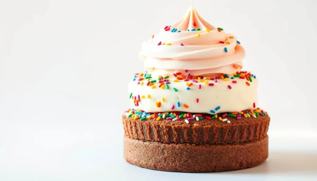 A scoop of birthday cake ice cream in a waffle cone, topped with colorful sprinkles and a lit birthday candle.