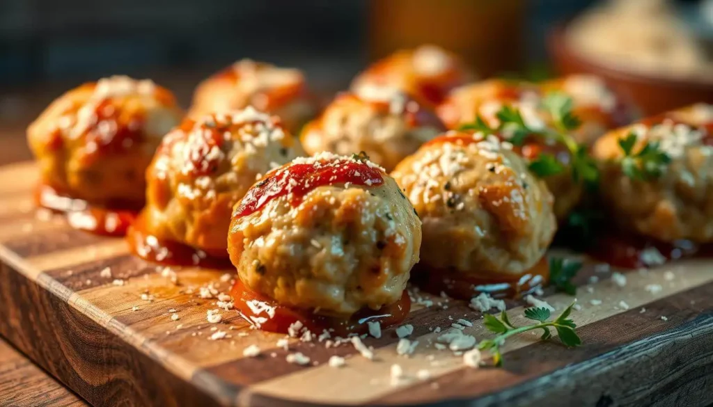 A plate of golden-brown chicken ricotta meatballs garnished with fresh parsley, served with marinara sauce on a rustic dish.