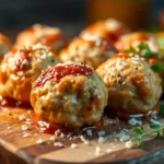 A plate of golden-brown chicken ricotta meatballs garnished with fresh parsley, served with marinara sauce on a rustic dish.