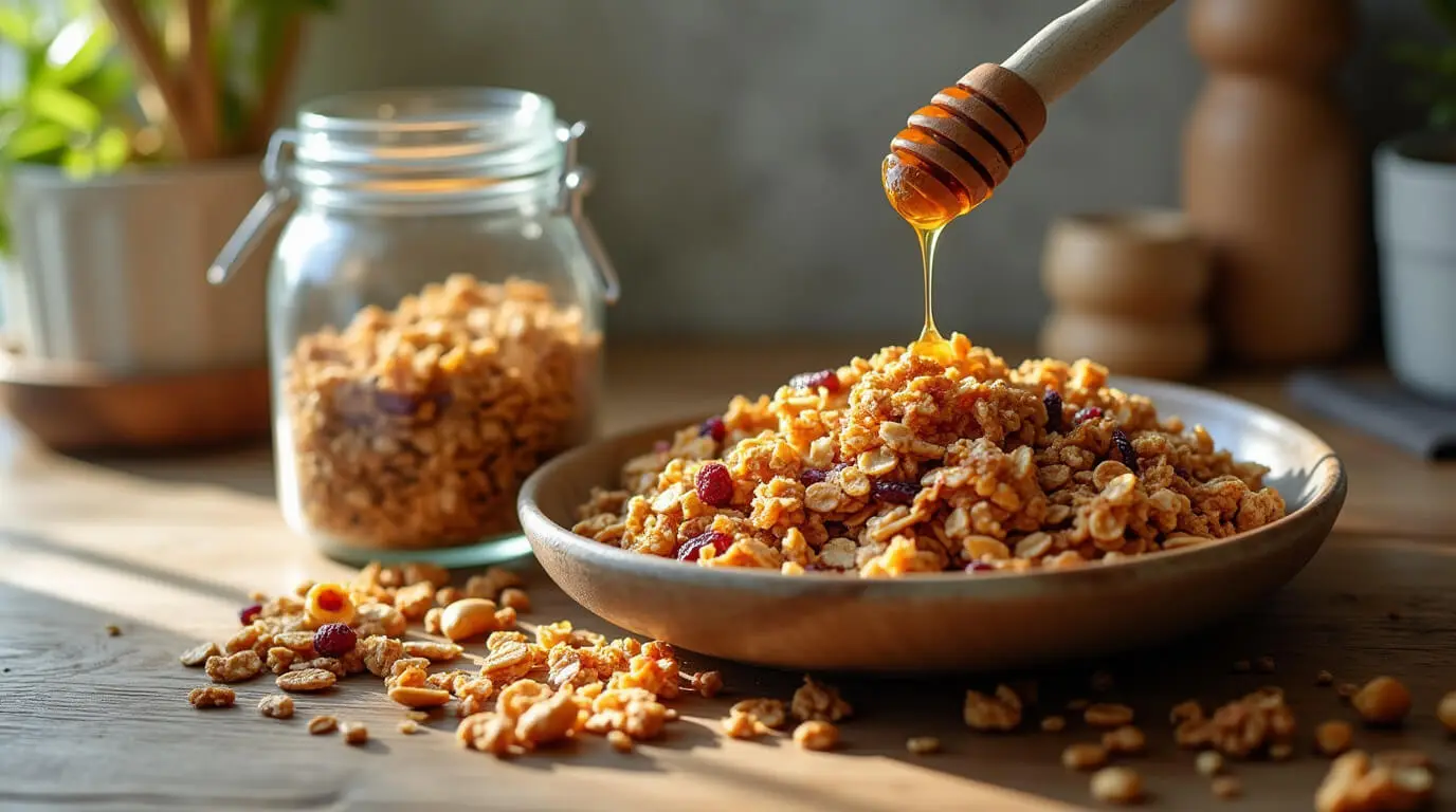 A jar of homemade granola with oats, nuts, and dried fruit, placed on a rustic wooden countertop with a honey drizzle and a wooden spoon.