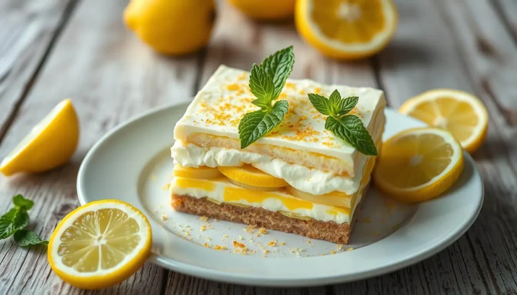 A slice of Limoncello Tiramisu with layers of mascarpone, soaked ladyfingers, and lemon zest garnish, served on a white plate.