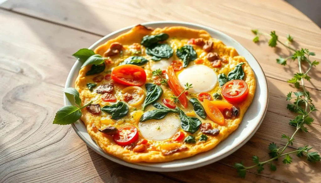 A fluffy egg white frittata with fresh vegetables, served in a cast-iron skillet.