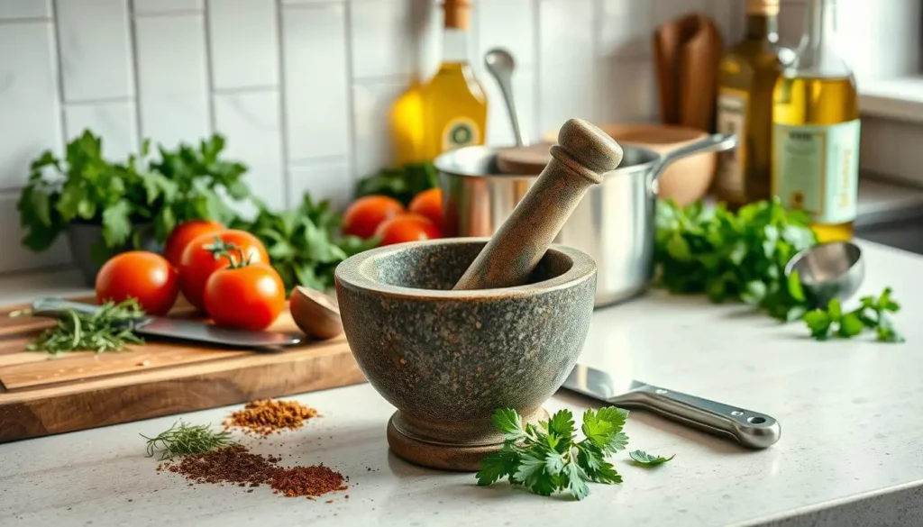 A collection of essential kitchen tools for making huevos rancheros sauce, including a cast-iron skillet, wooden spoon, blender, and fresh ingredients on a countertop.