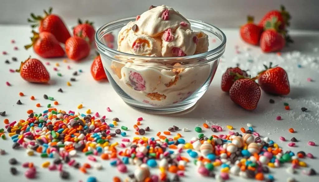 A close-up of essential ingredients for birthday cake ice cream: vanilla ice cream, sprinkles, and small cake pieces, all ready for mixing.