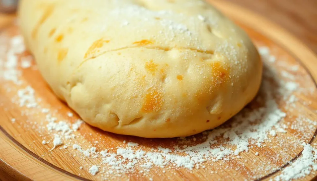 A top-down view of essential ingredients for breakfast pizza rolls, including dough, eggs, bacon, cheese, and seasoning, neatly arranged on a wooden countertop.