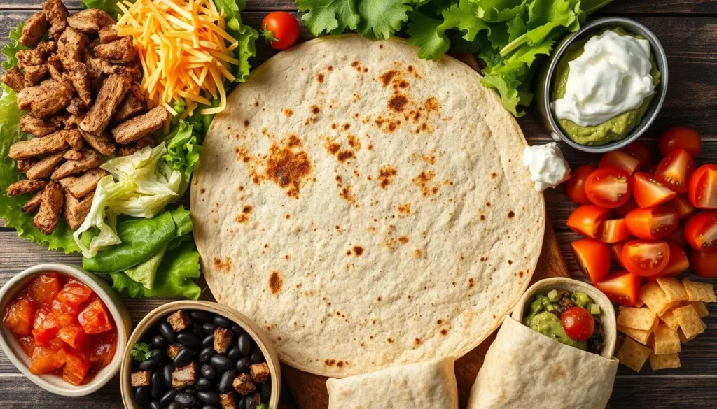 A beautifully arranged selection of essential burrito ingredients, including warm tortillas, seasoned protein, black beans, rice, fresh vegetables, cheese, salsa, guacamole, and sour cream, displayed on a wooden surface.