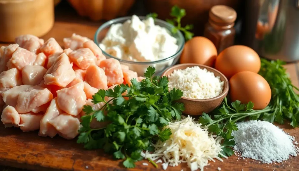 A rustic wooden board displaying essential ingredients for chicken ricotta meatballs, including ground chicken, ricotta cheese, Parmesan, breadcrumbs, eggs, garlic, and fresh herbs.