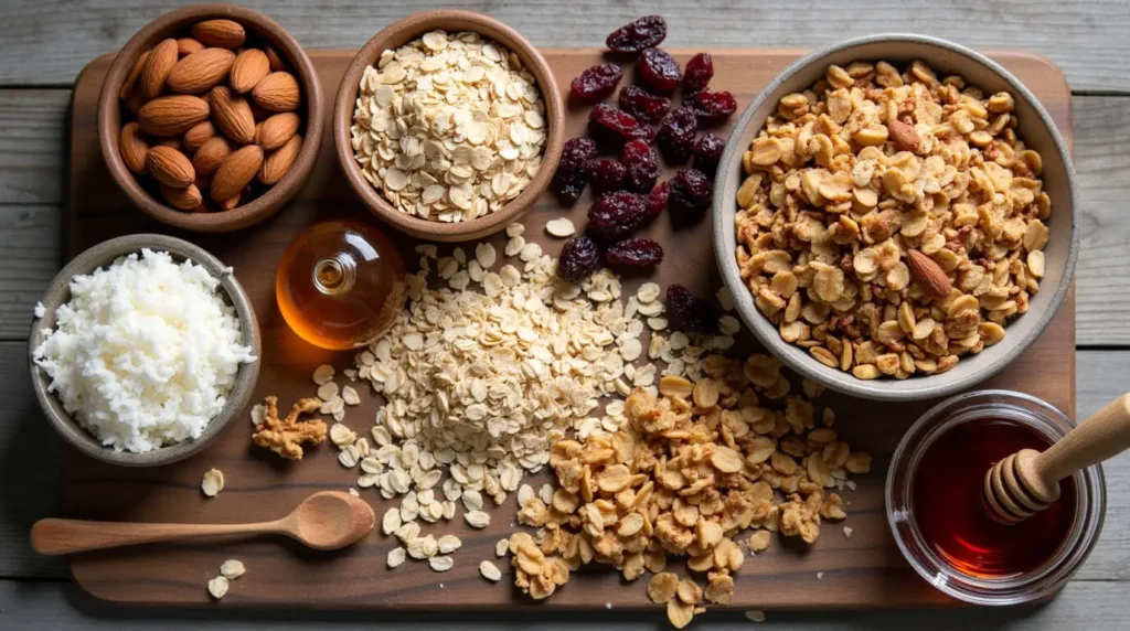 A flat lay of essential granola ingredients, including oats, nuts, dried fruit, honey, and coconut, arranged on a rustic wooden surface.