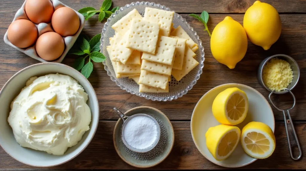 A collection of essential ingredients for Limoncello Tiramisu, including mascarpone, eggs, ladyfingers, fresh lemons, and lemon zest.