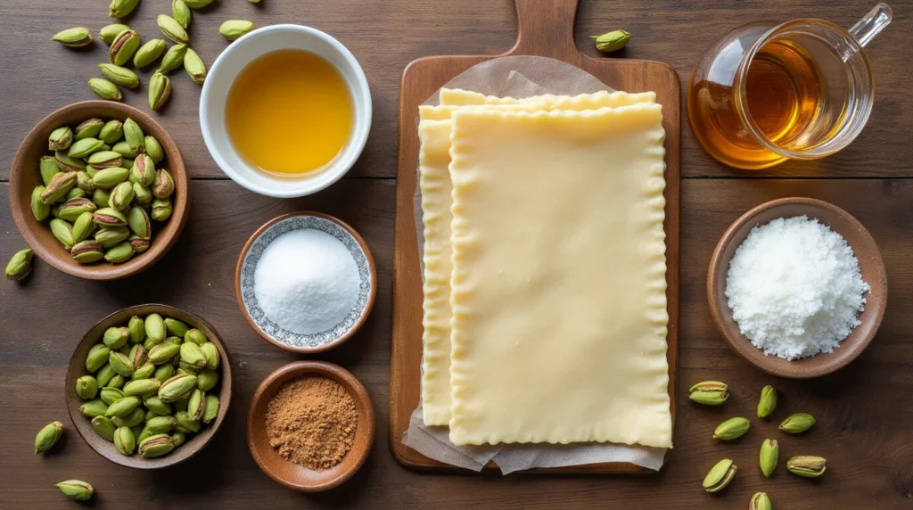 A selection of essential ingredients for pistachio baklava, including shelled pistachios, phyllo dough, honey, butter, sugar, and rose water, artfully arranged on a wooden table. A small bowl of ground cinnamon and crushed pistachios are also included, with a touch of honey drizzling in the background.