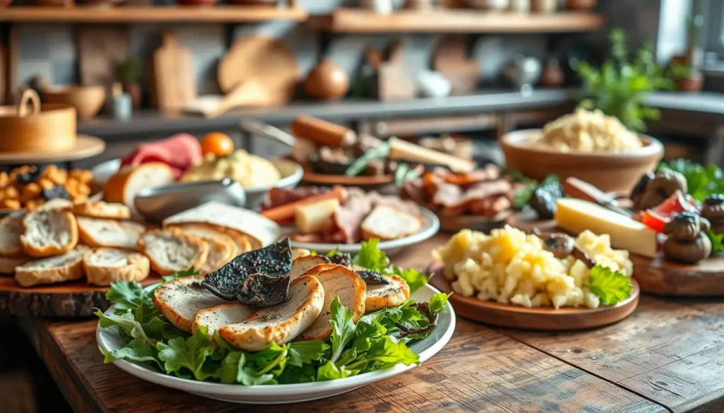 A selection of essential ingredients for Black Truffle Chicken Salad, including cooked chicken, black truffle, fresh herbs, and creamy dressing.