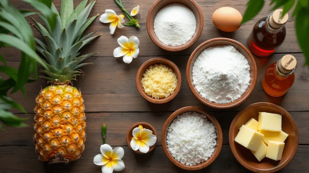 A collection of essential ingredients for making Hawaiian pineapple cake, including fresh pineapples, flour, sugar, eggs, butter, coconut flakes, and vanilla extract, arranged on a wooden table with tropical flowers in the background.