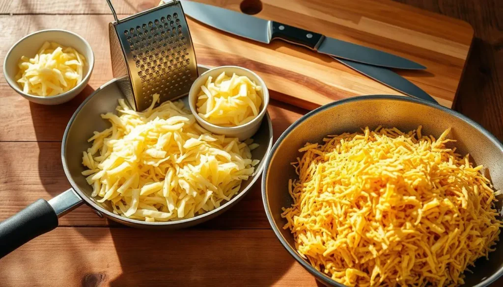 Essential kitchen tools, including a grater, frying pan, and spatula, for making perfect hash browns.