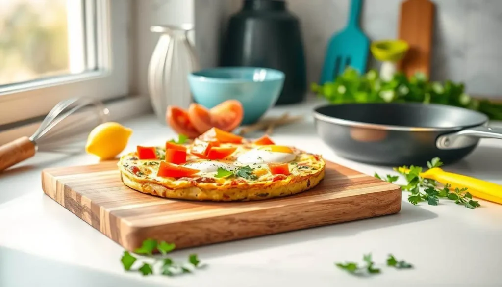 A collection of essential kitchen tools, including a non-stick skillet, whisk, and spatula, arranged on a countertop for making the perfect frittata.