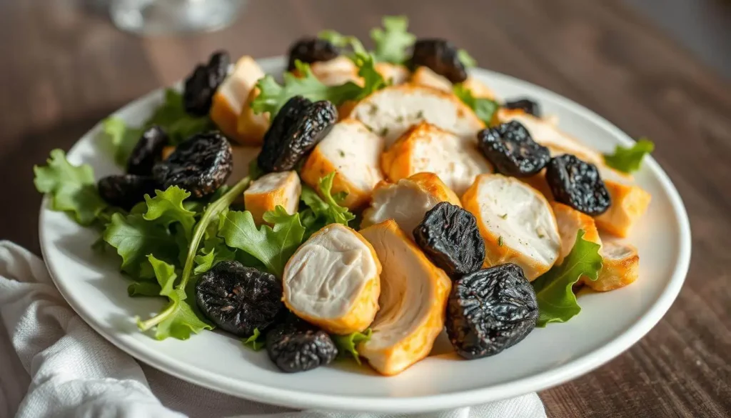 A bowl of black truffle chicken salad garnished with fresh herbs, served with a side of crusty bread.