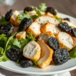 A bowl of black truffle chicken salad garnished with fresh herbs, served with a side of crusty bread.