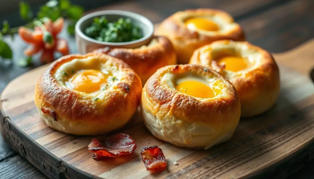 Freshly baked breakfast pizza rolls filled with eggs, cheese, and crispy bacon, served on a wooden board.