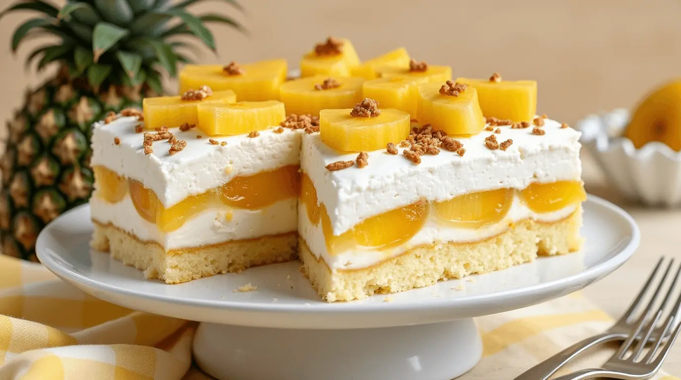 A freshly baked Hawaiian pineapple cake with caramelized pineapple rings on top, a golden-brown crust, and a slice cut out to reveal its moist interior. Surrounded by fresh pineapples, coconut, and tropical flowers on a rustic wooden table.