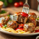 A plate of golden-brown venison meatballs garnished with fresh parsley, served with a rich tomato sauce on a rustic wooden table.