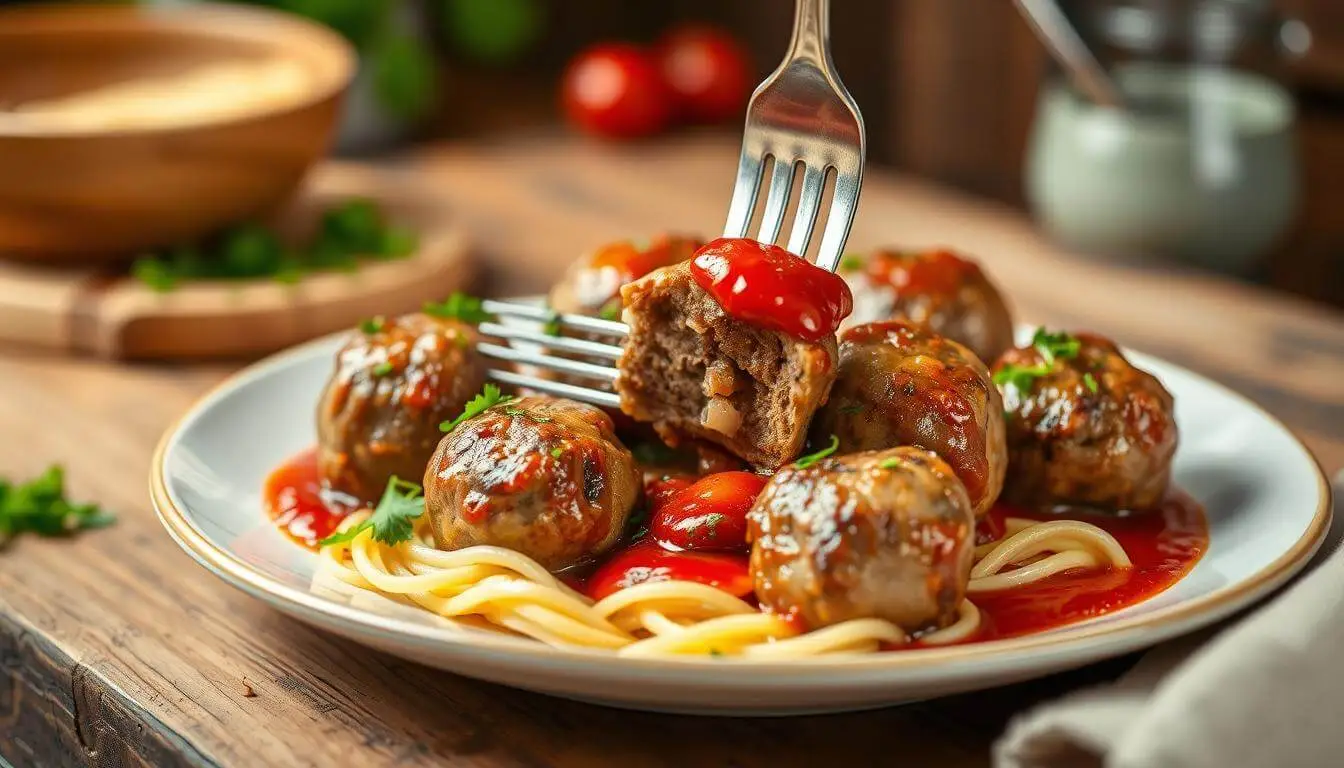 A plate of golden-brown venison meatballs garnished with fresh parsley, served with a rich tomato sauce on a rustic wooden table.