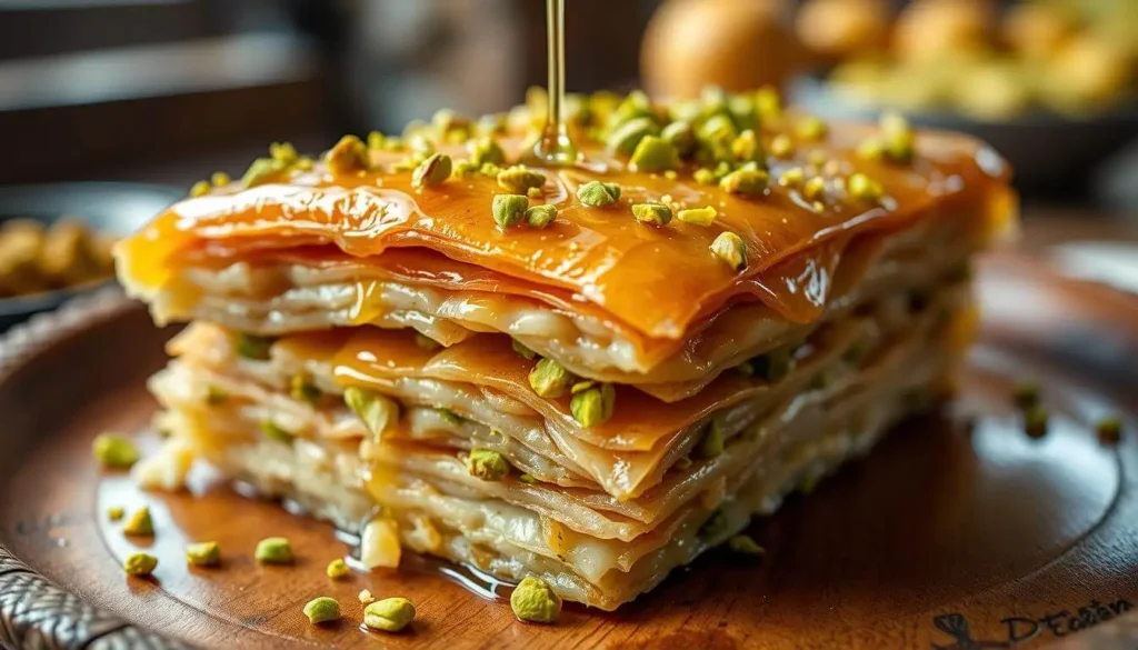 A beautifully plated pistachio baklava with layers of golden, crispy phyllo dough, filled with crushed pistachios and drenched in honey syrup. The baklava is presented on an elegant plate with a drizzle of honey and a few whole pistachios scattered around.